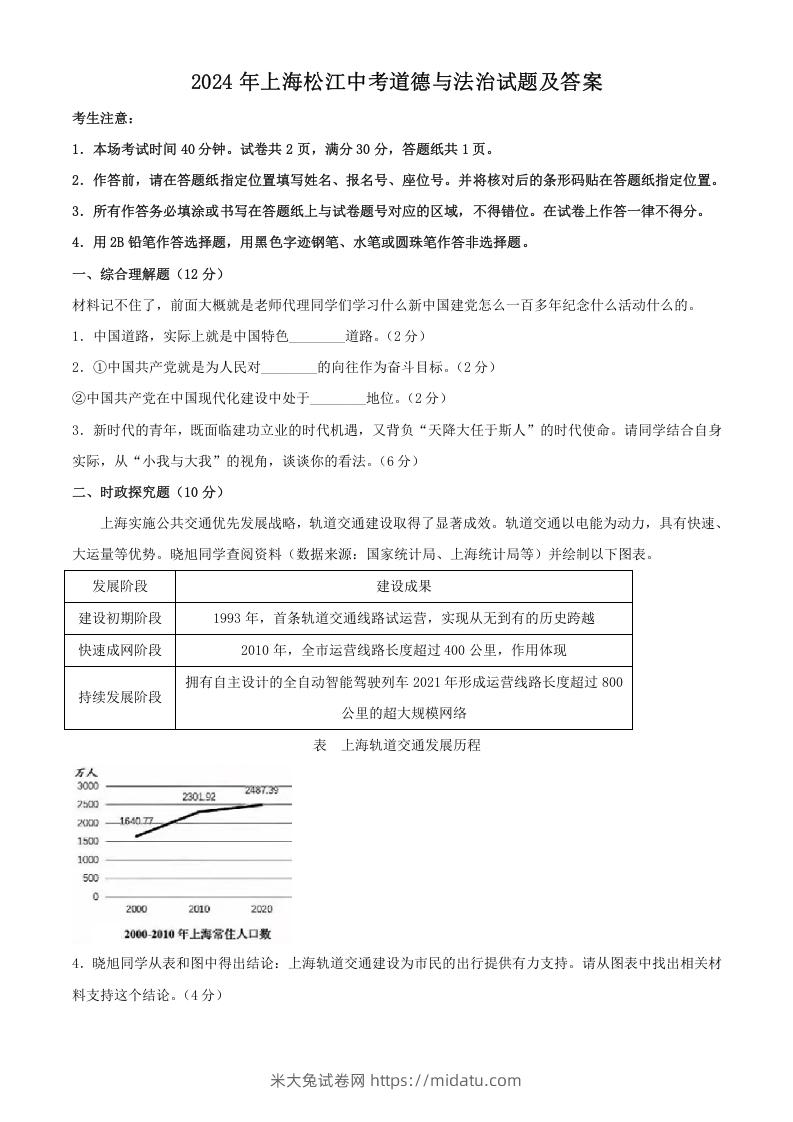 图片[1]-2024年上海松江中考道德与法治试题及答案(Word版)-米大兔试卷网