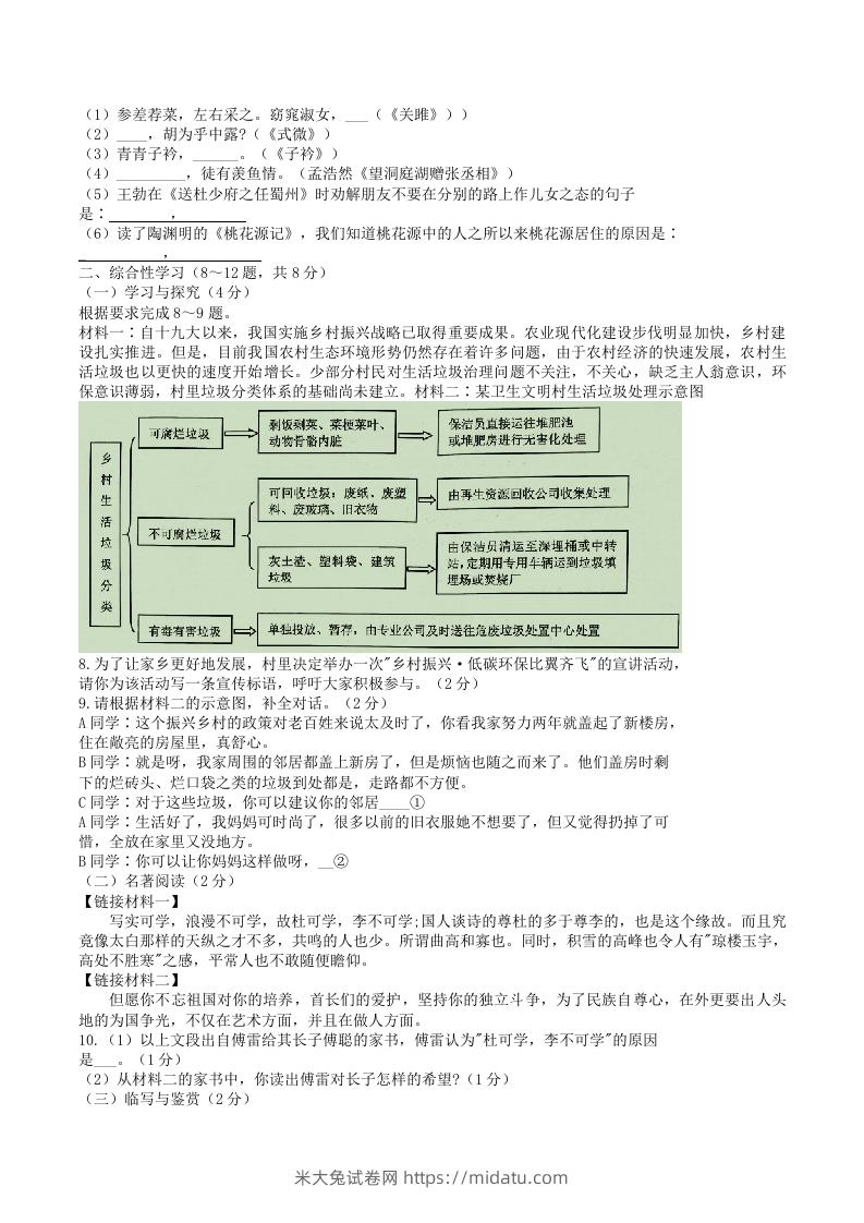 图片[2]-2021-2022学年云南省昭通市绥江县八年级下学期期中语文试题及答案(Word版)-米大兔试卷网