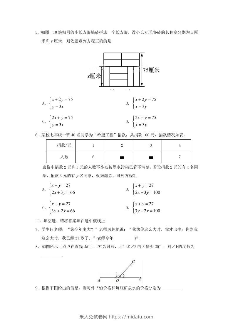 图片[2]-七年级下册数学第八章第三节试卷及答案人教版(Word版)-米大兔试卷网