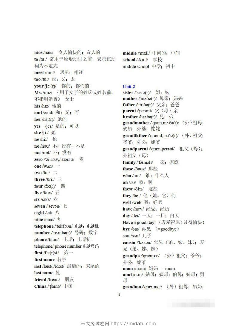 图片[2]-初一英语上册：全册《单词表》（分单元、带音标、词意）-米大兔试卷网