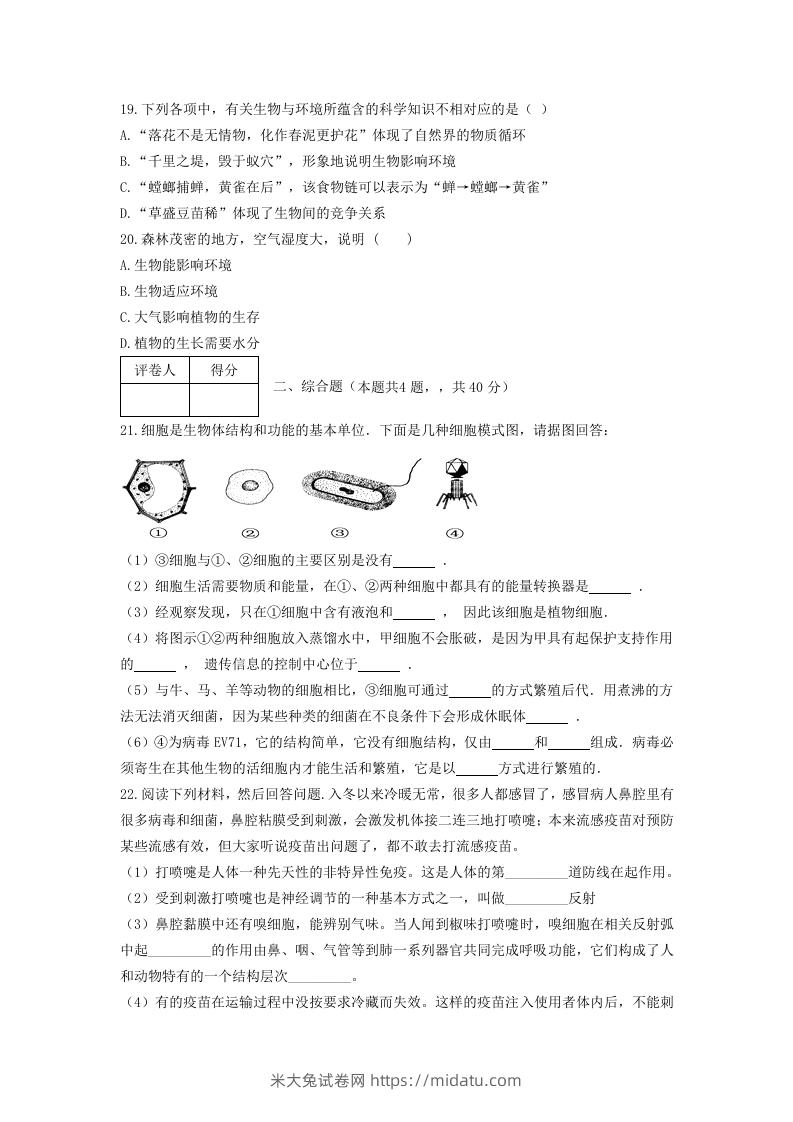 图片[3]-七年级上册生物第一次月考试卷及答案(Word版)-米大兔试卷网