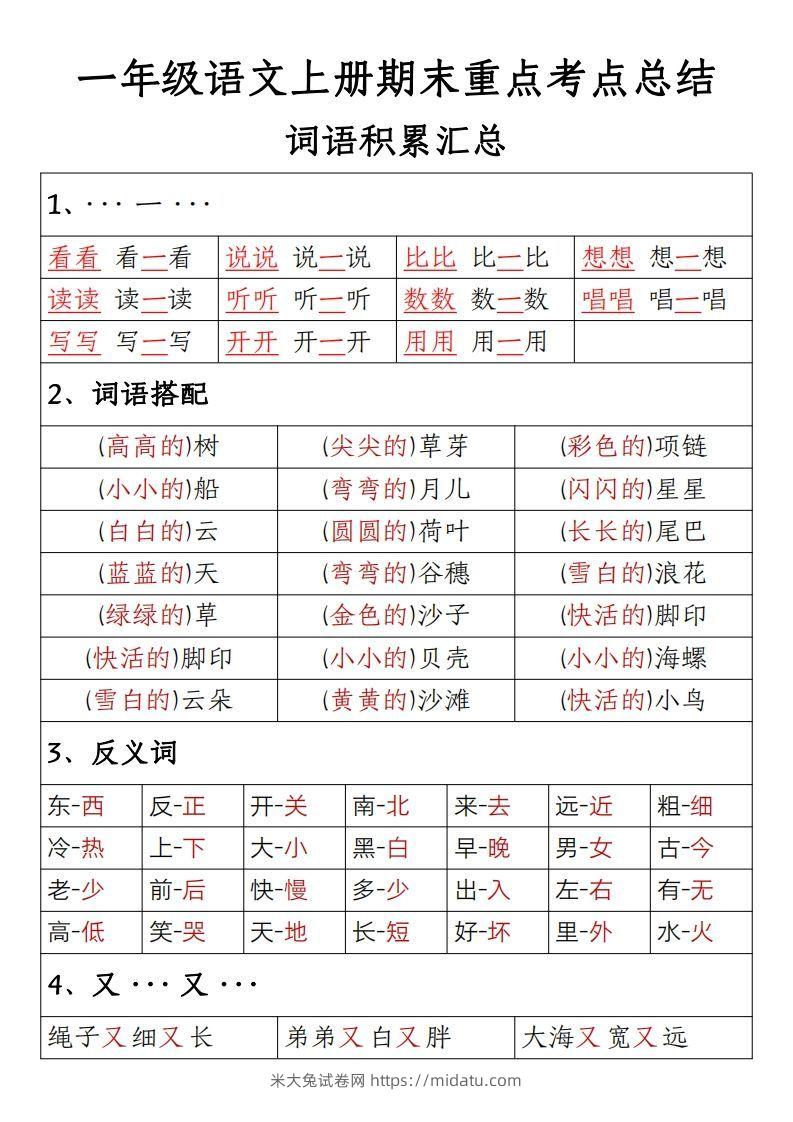 【期末重点考点总结词语积累汇总】一上语文-米大兔试卷网