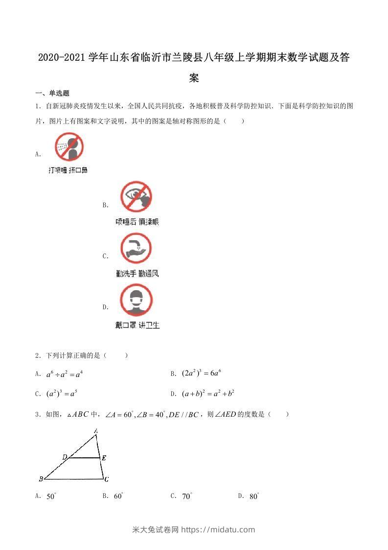 2020-2021学年山东省临沂市兰陵县八年级上学期期末数学试题及答案(Word版)-米大兔试卷网