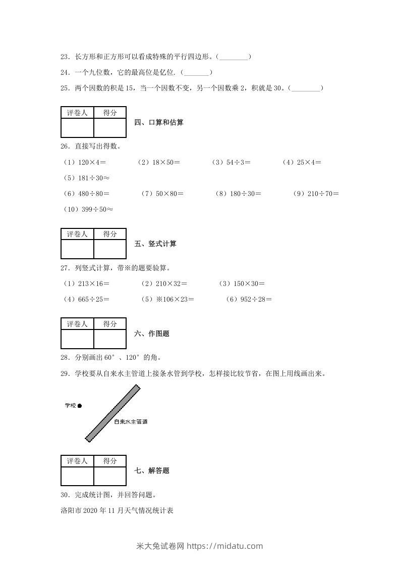 图片[3]-2020-2021学年河南省洛阳市涧西区四年级上学期期末数学真题及答案(Word版)-米大兔试卷网