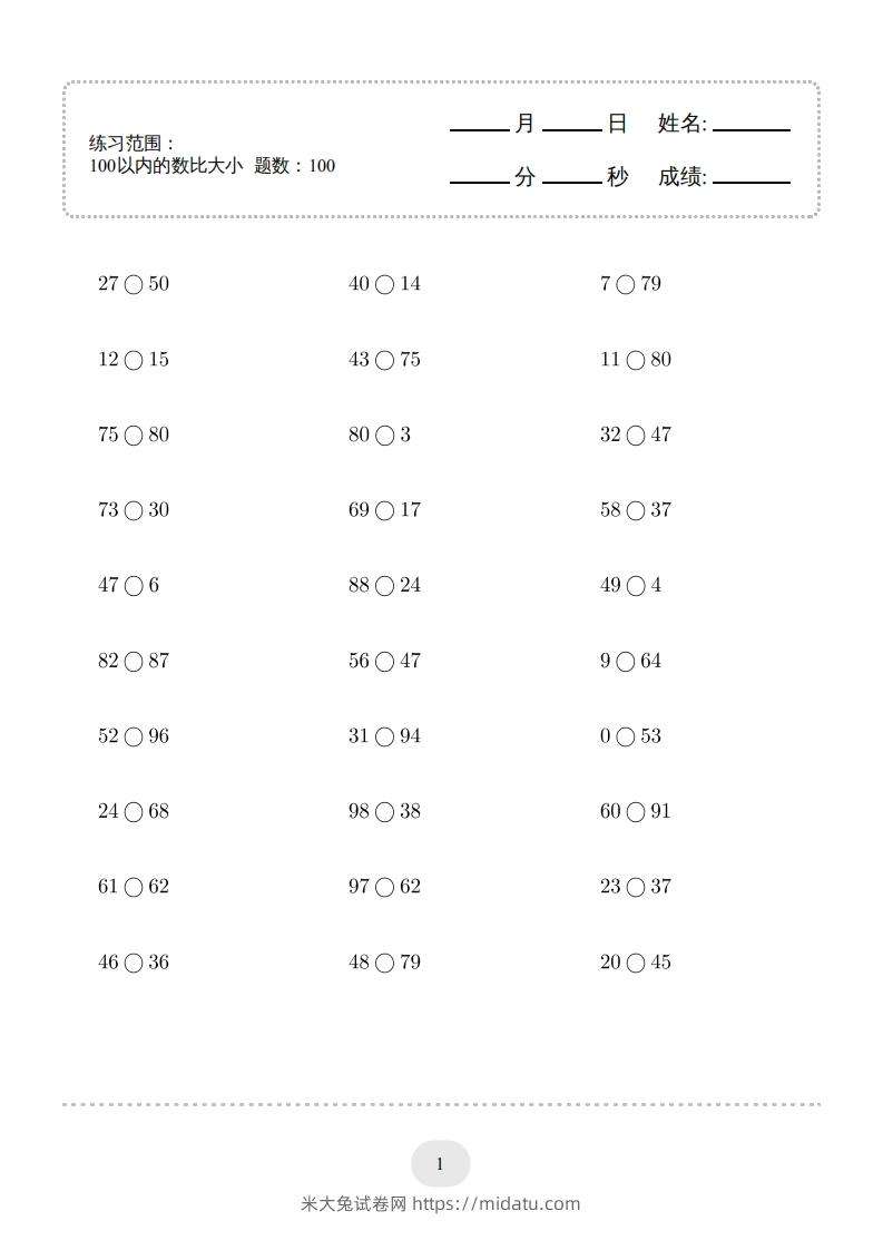 一年级数学下册(100以内的数比大小)1000题（人教版）-米大兔试卷网