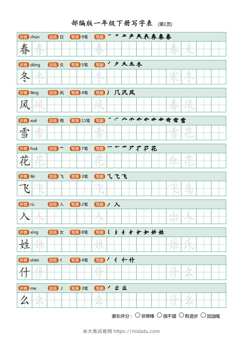 一年级语文下册写字表(笔顺)（20页）PDF（部编版）-米大兔试卷网