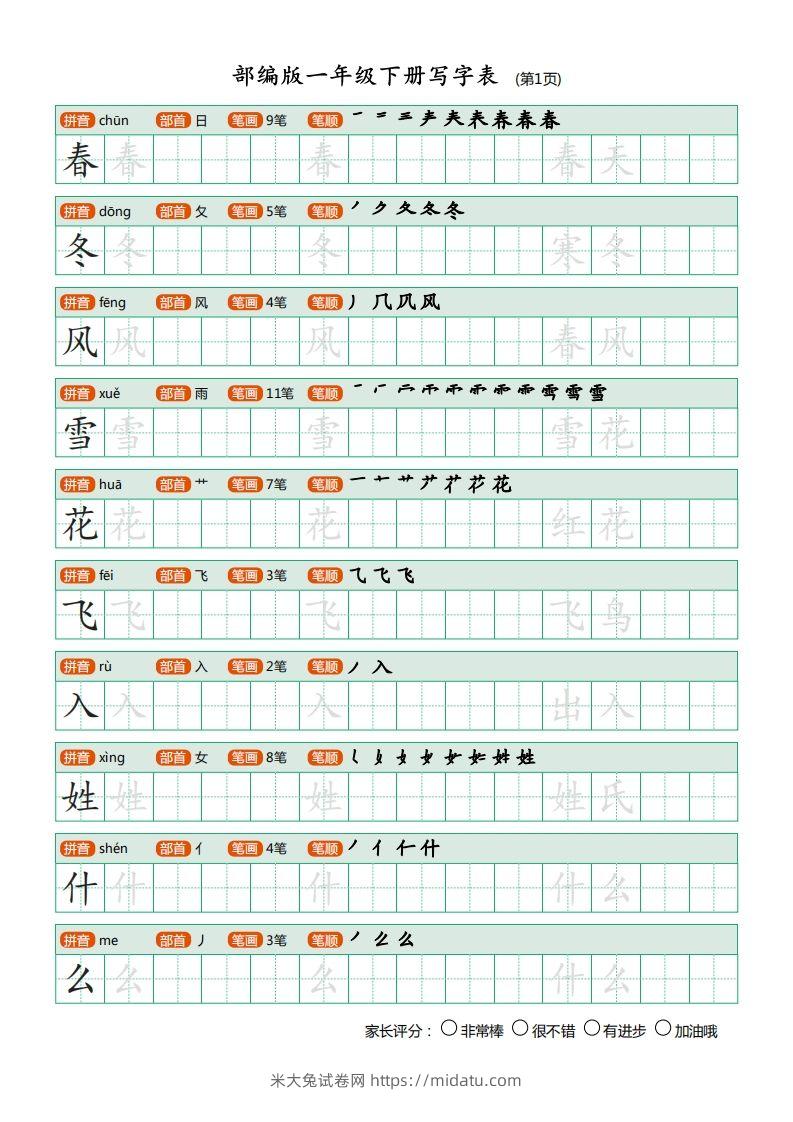 一年级语文下册写字表描红(含拼音笔顺词组)（20页）PDF（部编版）-米大兔试卷网