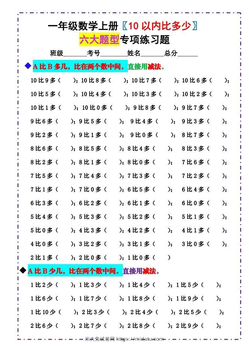 一上数学-《10以内比多少》填空题六大题型（含答案）-米大兔试卷网