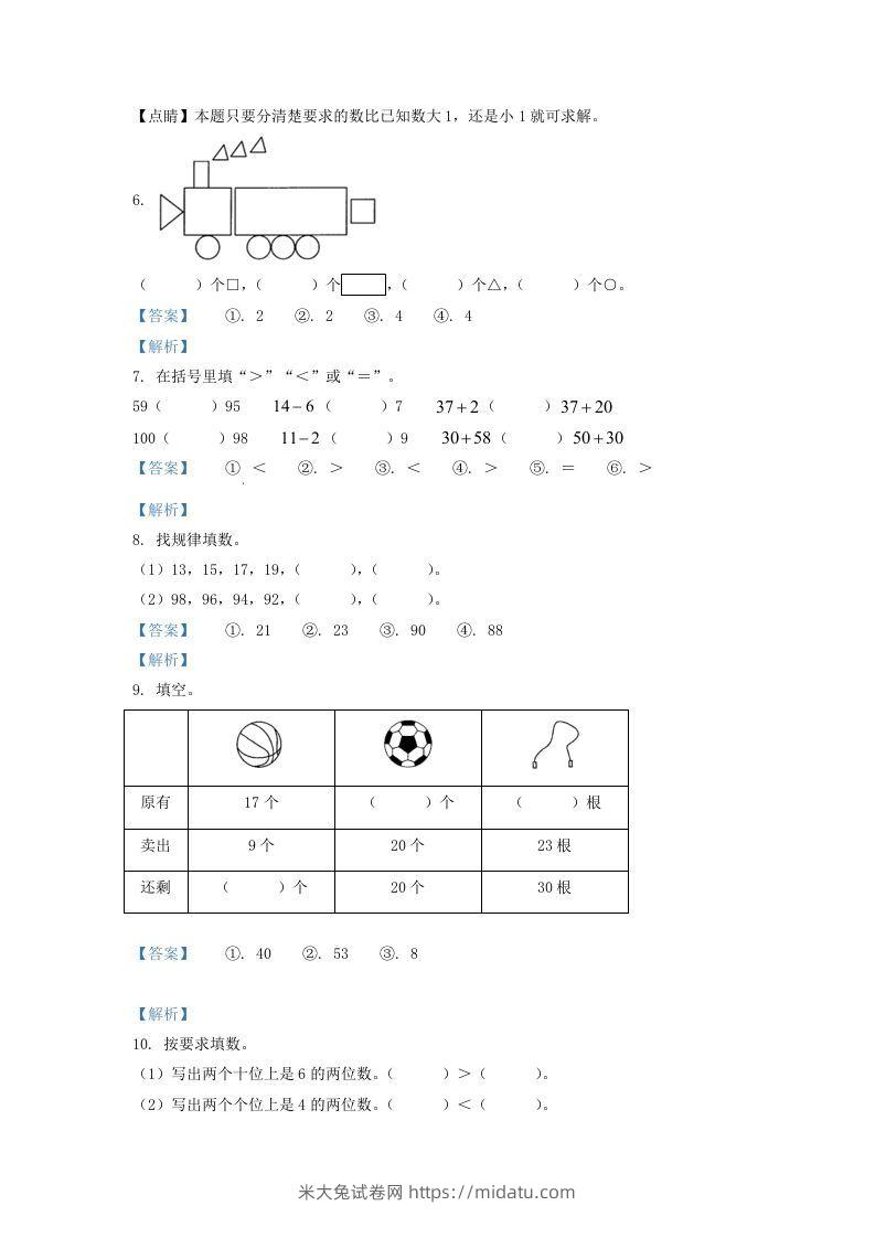 图片[2]-2021-2022学年山西省大同市一年级下册数学期中试题及答案(Word版)-米大兔试卷网