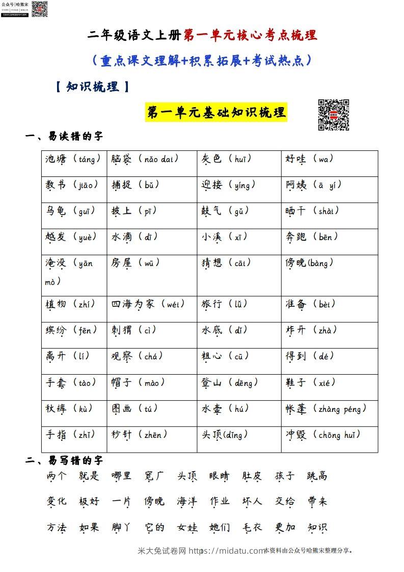 二年级语文上册第一单元核心考点梳理（重点课文理解积累拓展考试热点）-米大兔试卷网