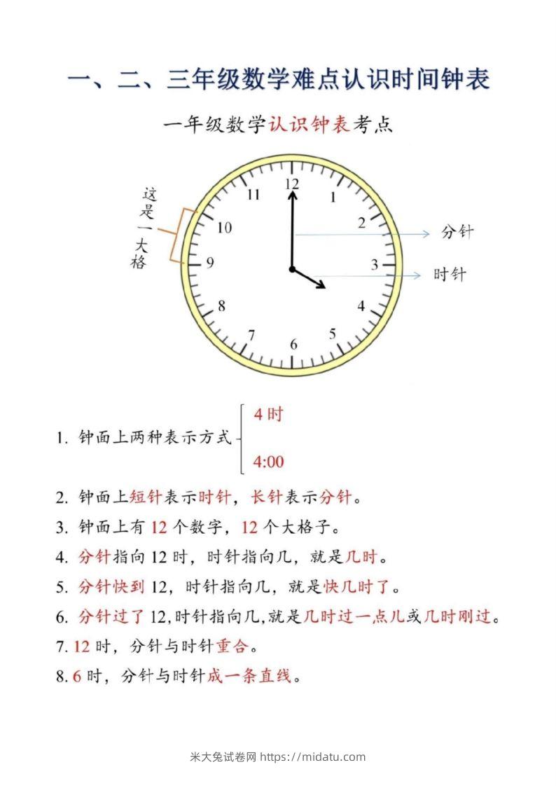 【二上数学】重难点认识时间钟表k-米大兔试卷网