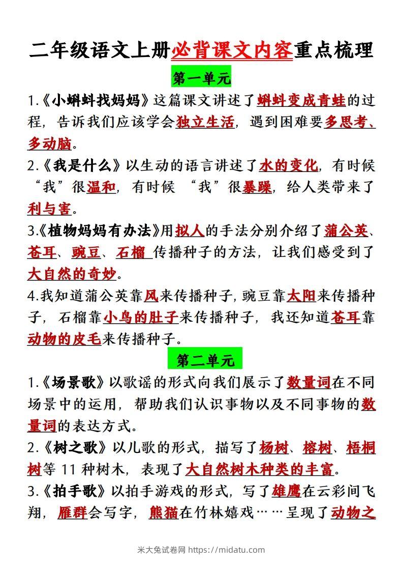 【单元必背课文内容重点梳理】二上语文-米大兔试卷网