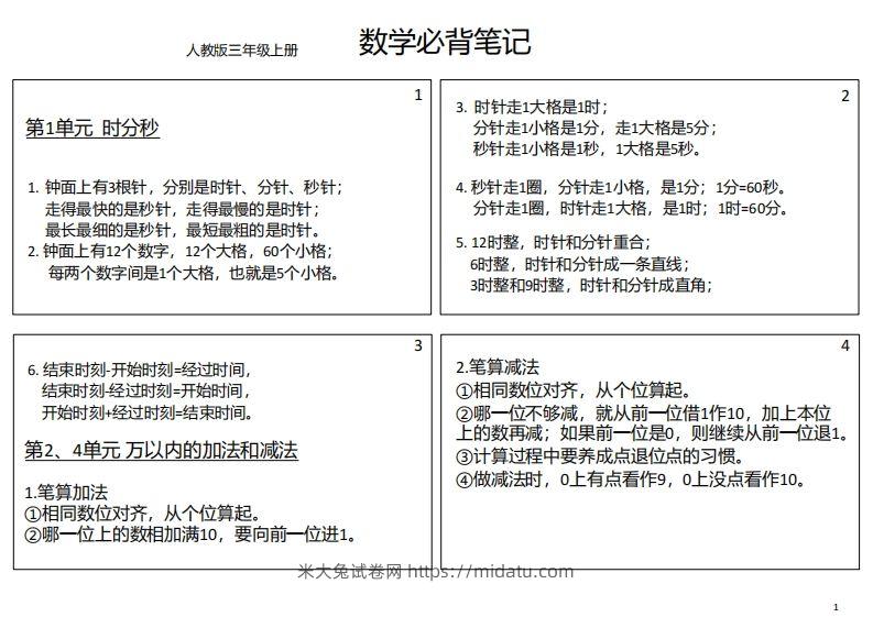 【人教三年级】数学上册必背笔记-米大兔试卷网