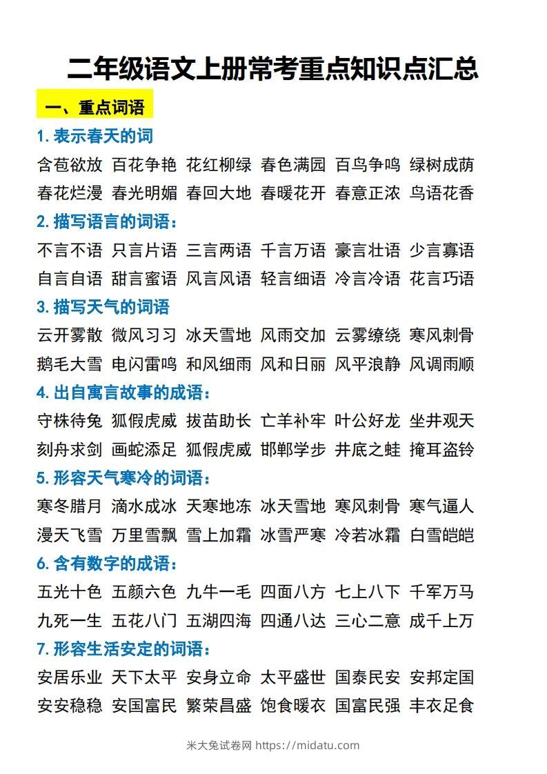 二年级语文上册常考重点知识点汇总必背-米大兔试卷网