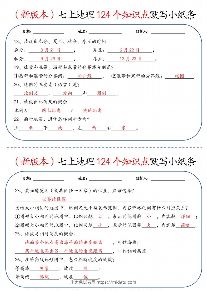 图片[3]-（新版本）七上地理124个知识点默写小纸条9.10答案-米大兔试卷网