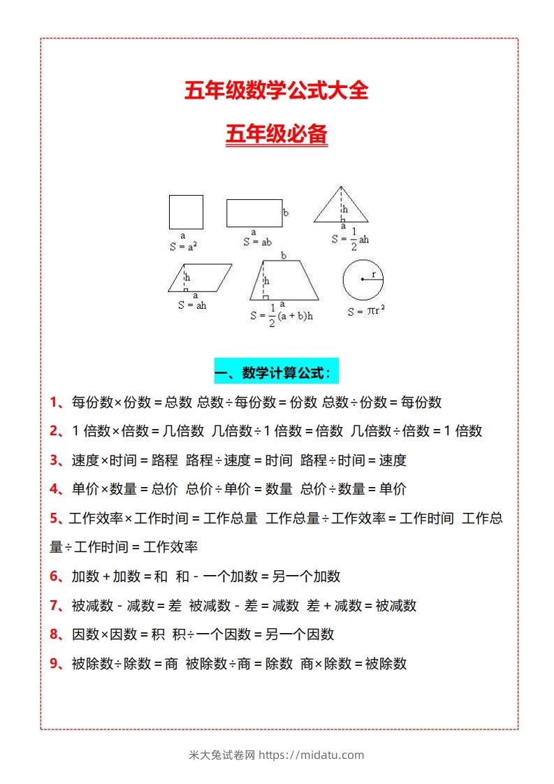 【五上】数学必背汇总-米大兔试卷网